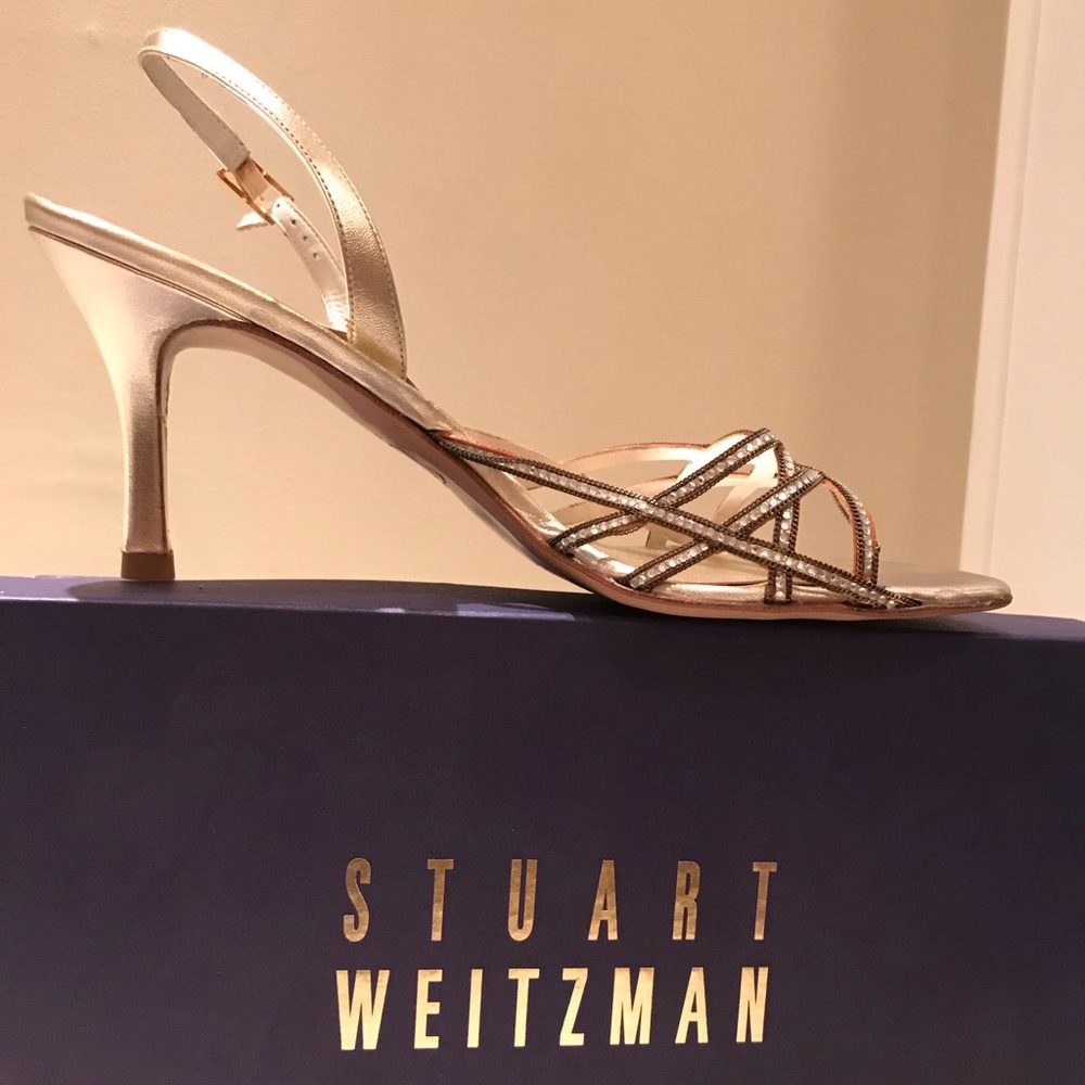 Stuart Weitzman Volts Gold Dressy Sandal Heel 8.5